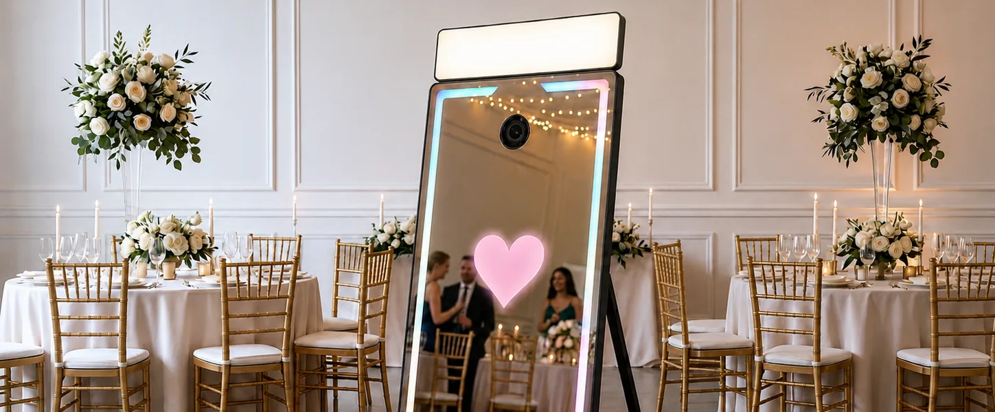 Cabină foto Magic Mirror cu ramă luminoasă, cu invitați reflectați în oglindă, într-o sală de nuntă